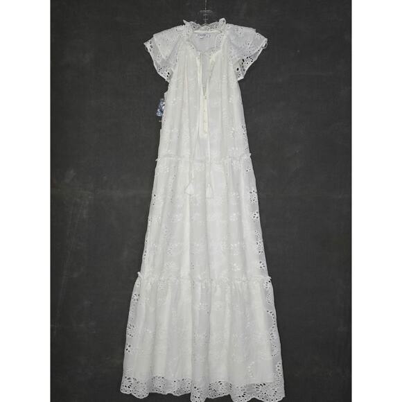 Chicos Midi Dress Sz 00 US 2 Alabaster White Eyelet Peasant Tie Prairie Tiered - Picture 2 of 7